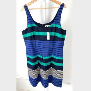 NWT LOFT Striped Shift Dress Pleat Blue Green 14